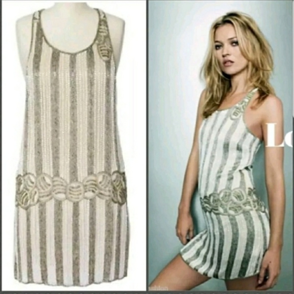 Kate Moss 1920s Flapper Beaded Dress Size 10 | Nude Cream Gold Gatsby Style